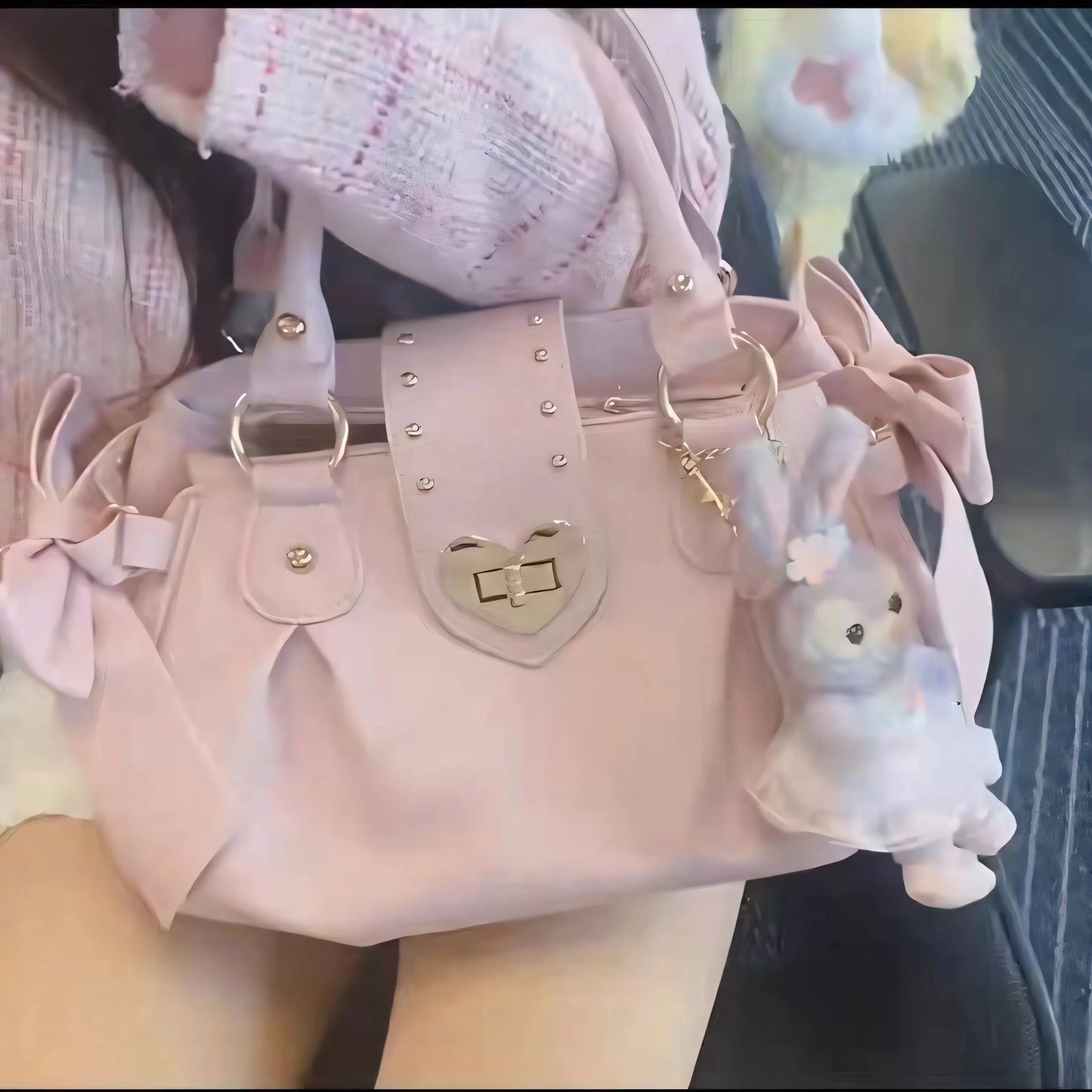Bolsa de mão rosa com laço doce Lolita, bolsa feminina Harajuku Love Heart, bolsa transversal macia, bolsa de ombro feminina Kawaii de grande capacidade