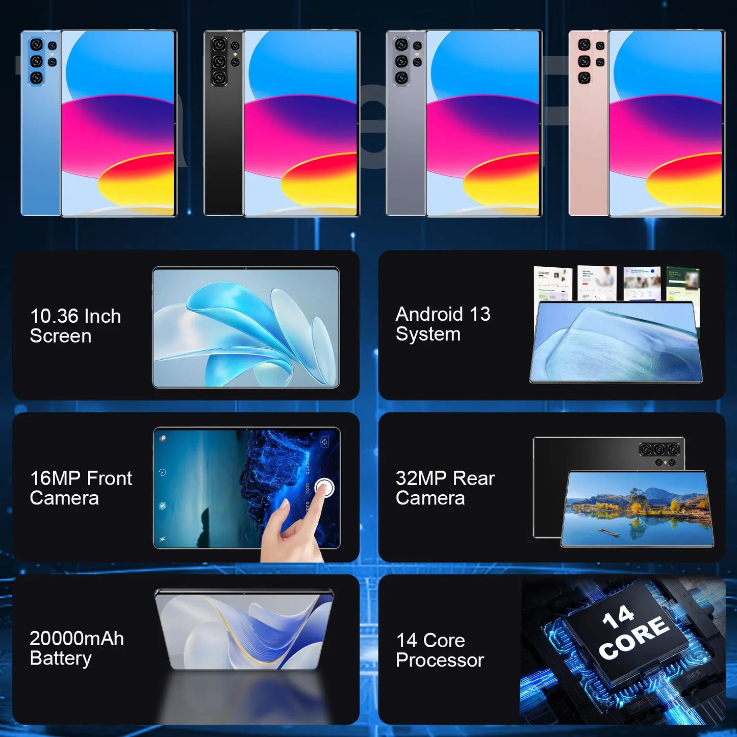 Tablet Android 2025, 20000mAh, 10,36 polegadas, versão global, 22 GB + 2 TB, nova rede, 14 núcleos, Android 13.0, Wi-Fi