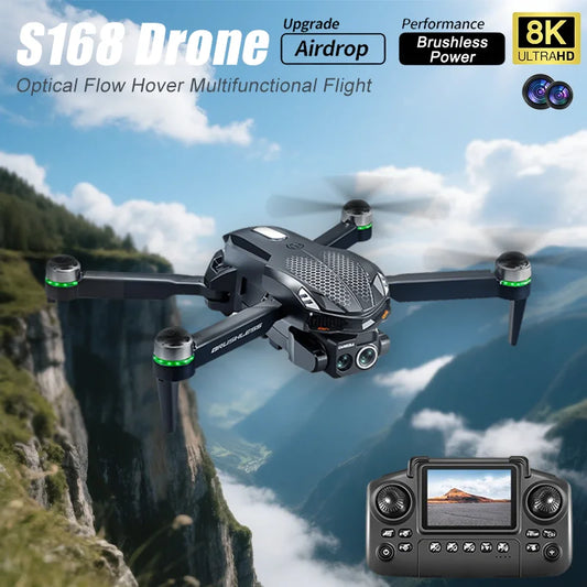 Drone RC S168 2025, motor sem escova, 8K HD, câmeras duplas, posicionamento de fluxo óptico e prevenção inteligente de obstáculos, brinquedo de aeronave