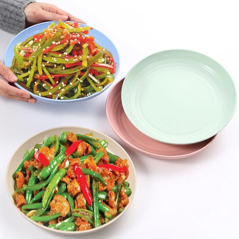 Pratos redondos de palha de trigo, cor sólida, salada, sobremesa, jantar, reutilizáveis, seguros para micro-ondas, pratos anti-queda e quebra, prato de frutas