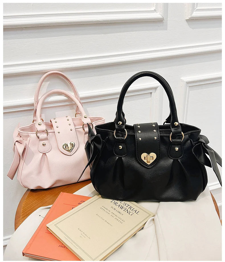 Bolsa de mão rosa com laço doce Lolita, bolsa feminina Harajuku Love Heart, bolsa transversal macia, bolsa de ombro feminina Kawaii de grande capacidade