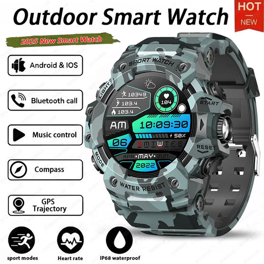 Relógio inteligente esportivo robusto 2025 com Bluetooth, chamadas, relógio inteligente militar à prova d'água e colorido com lanterna SOS COMPASS para telefone