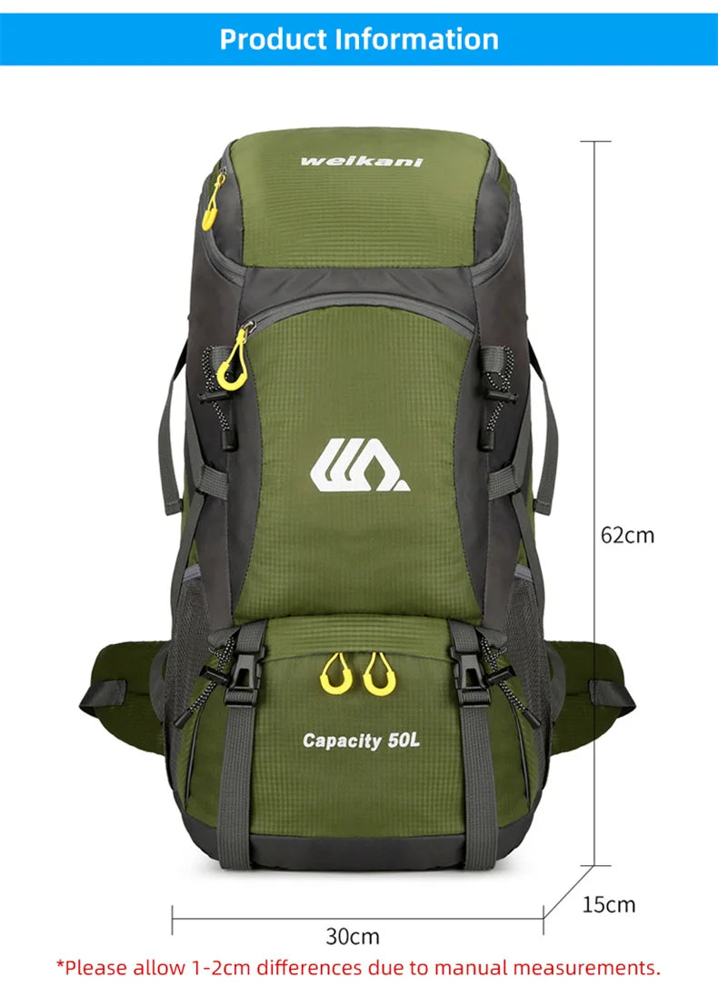 Mochila de viagem 50L para acampamento, masculina, grande, para trilhas, mochila turística, à prova d'água, para esportes ao ar livre, escalada, montanhismo, bagagem