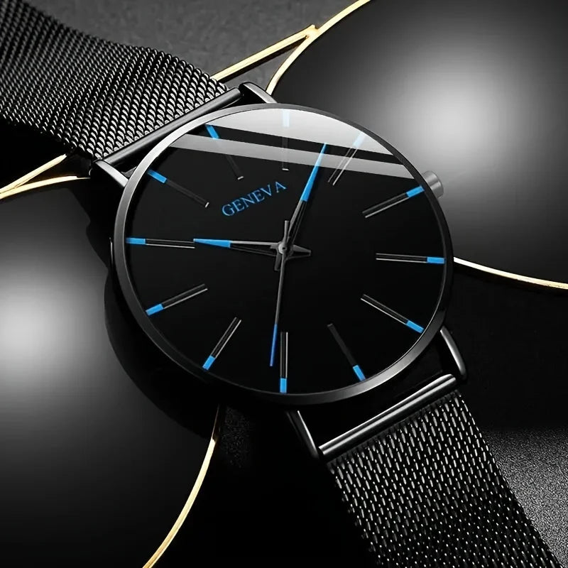 Relógio de quartzo masculino de 2 peças - redondo com função de data, pulseira de aço inoxidável