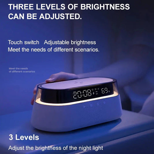 Despertador inteligente 6 em 1 - Carregador sem fio de 15 W, alto-falante Bluetooth, rádio FM, alarme duplo, carregador USB e luz noturna RGB