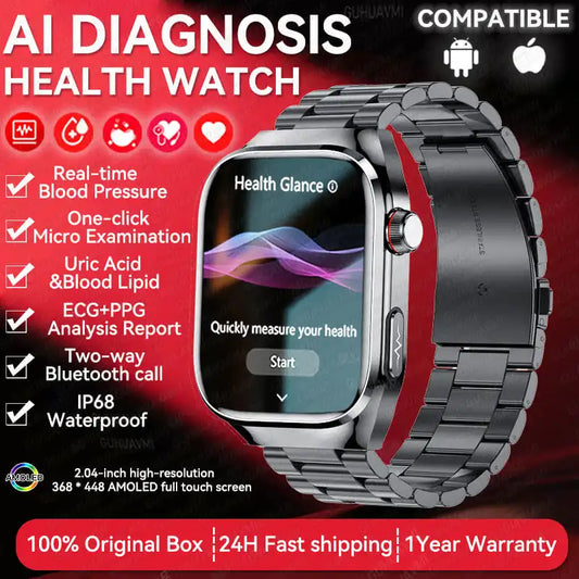 Novo relógio inteligente masculino com diagnóstico de IA e monitoramento de saúde, pressão arterial, ECG, ácido úrico, lipídios, BT Call, relógios inteligentes para HUAWEI