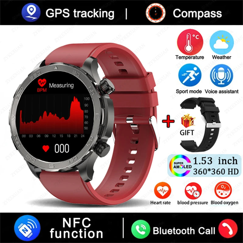 Novo relógio inteligente masculino com GPS e Bluetooth, tela AMOLED HD, frequência cardíaca, NFC, IP68, à prova d'água, esportivo, para Android e iOS, 2025