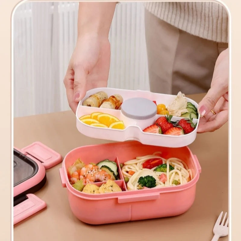 Lancheira de camada dupla 1200ml, compartimento portátil, caixa de alimentos para frutas, salada, micro-ondas, garfo e colher, caixa de piquenique para alimentos frescos