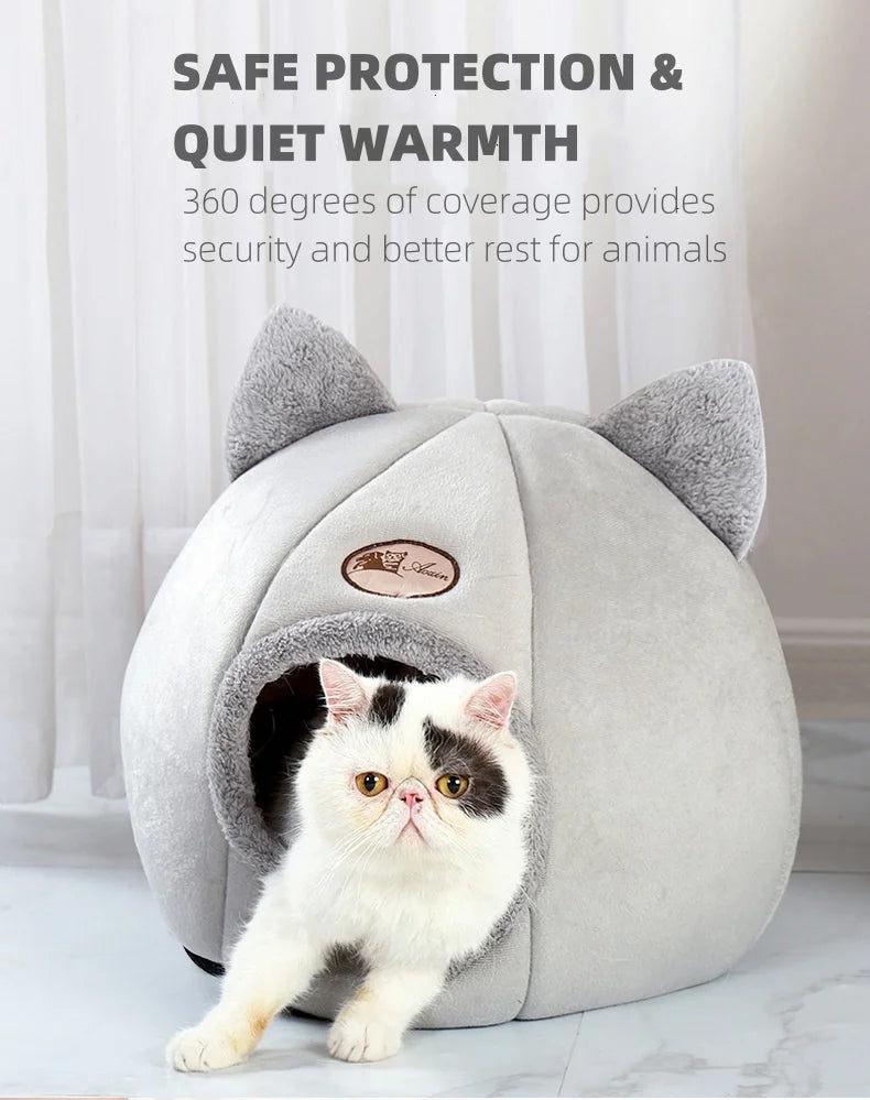 Cama para animais de estimação com orelhas de gato, cama para gatos pequenos, médios e grandes. Mantenha-se aquecido no inverno. Confortável e macio. Lavável à máquina.