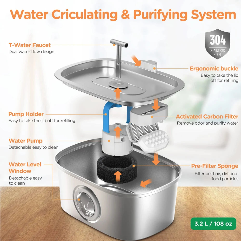 Bebedouro automático para gatos de 3,2 L, aço inoxidável, dispensador de água para cães de estimação, bomba ultrassilenciosa, fonte de água para vários animais de estimação
