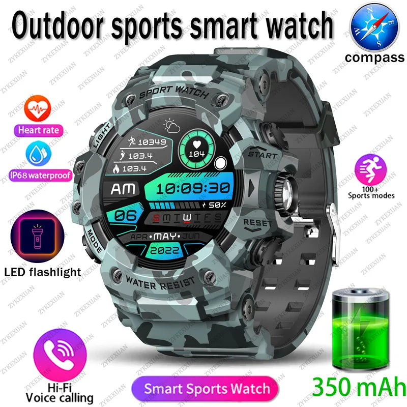 Relógio inteligente esportivo robusto 2025 com Bluetooth, chamadas, relógio inteligente militar à prova d'água e colorido com lanterna SOS COMPASS para telefone