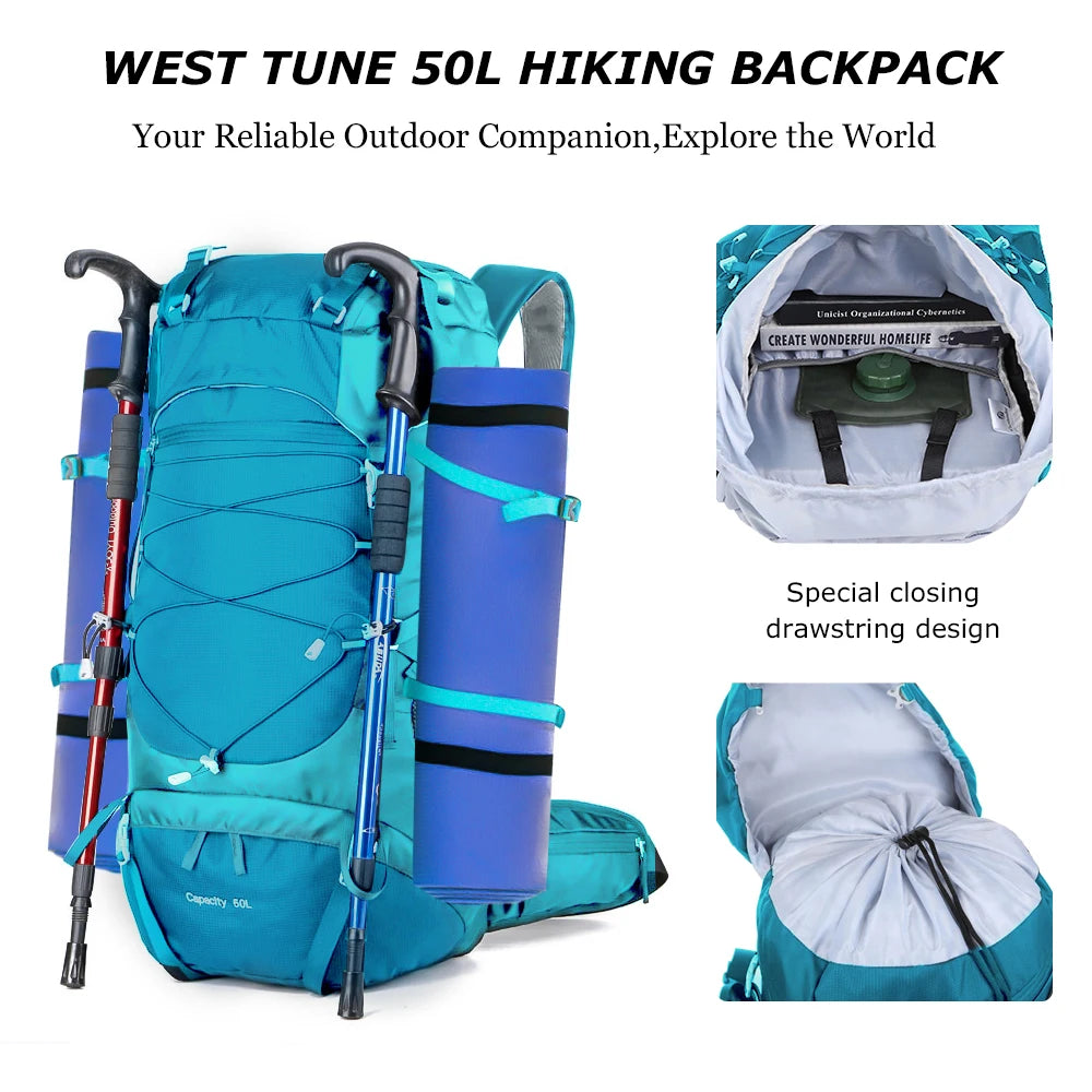 Mochila de caminhada WESTTUNE 50L com capa de chuva, bolsa multifuncional para montanhismo, mochila para atividades ao ar livre, para viagens, trekking e acampamento