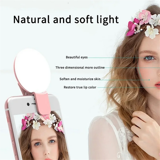 Clipe de luz universal para selfies em celular, luz de preenchimento ajustável com 3 níveis de brilho, luz para transmissão ao vivo, lâmpada portátil com carregamento USB