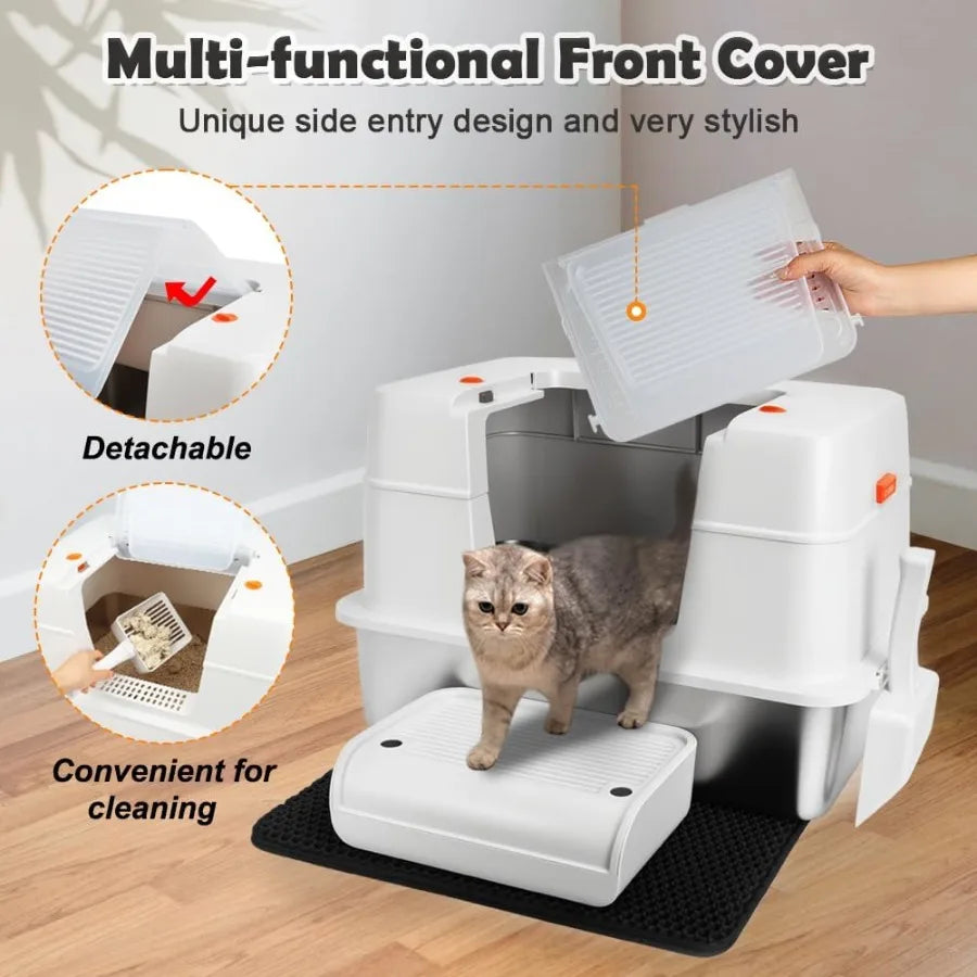 Caixa de areia extra grande de aço inoxidável com tampa para gatos grandes e gatinhos, design de entrada lateral com compartimento lateral alto removível