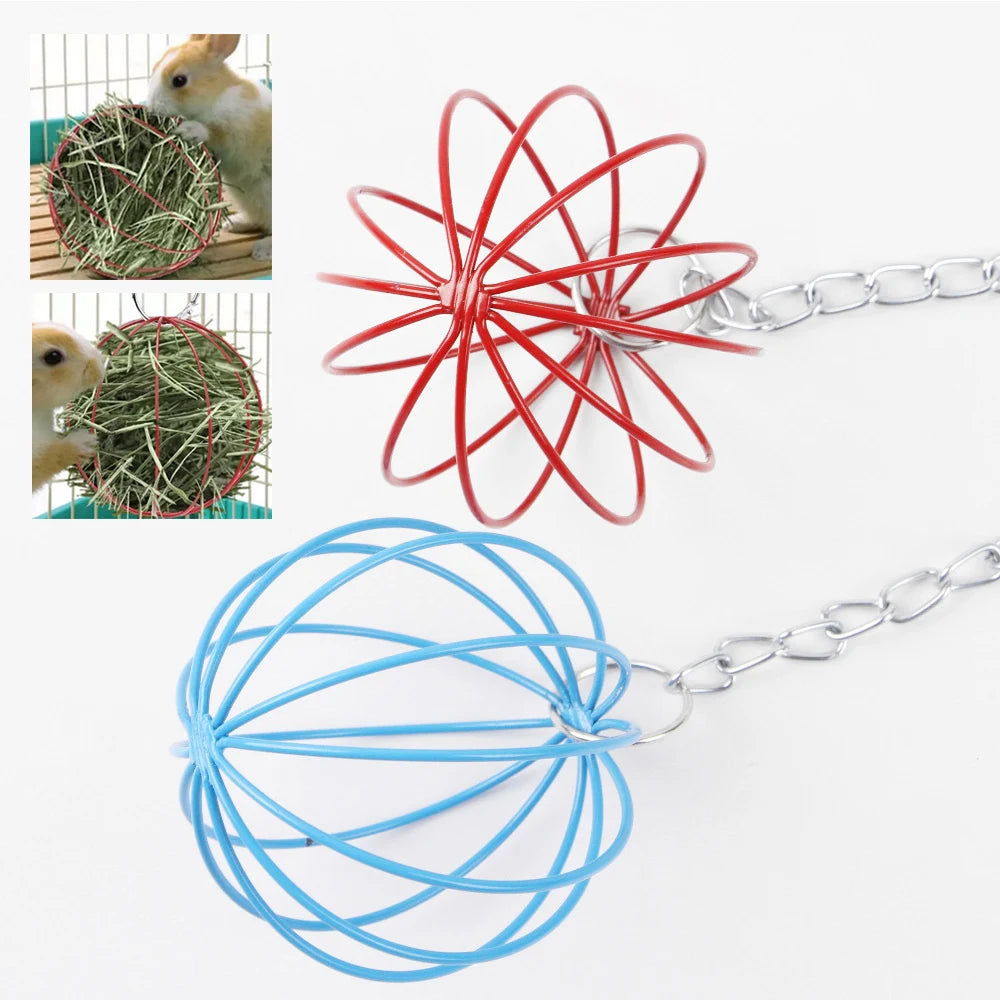 Pet Rabbit Hay Manger Food Feeder Small Metal Hamster Pet Hanging Grass Ball Rack Long Chain Round Rabbit Grass Feeding Balls