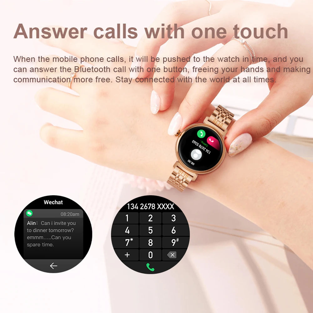 Relógio inteligente feminino moderno com tela AMOLED de 1,04 polegadas, tela sempre exibida, chamada Bluetooth, corpo de metal, tela pequena