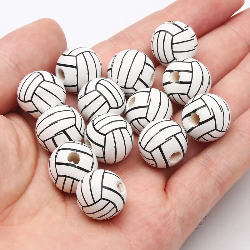 10 peças de contas espaçadoras de beisebol de basquete de 16 mm, bolas redondas de madeira para fazer pulseiras e colares, suprimentos para joias faça você mesmo