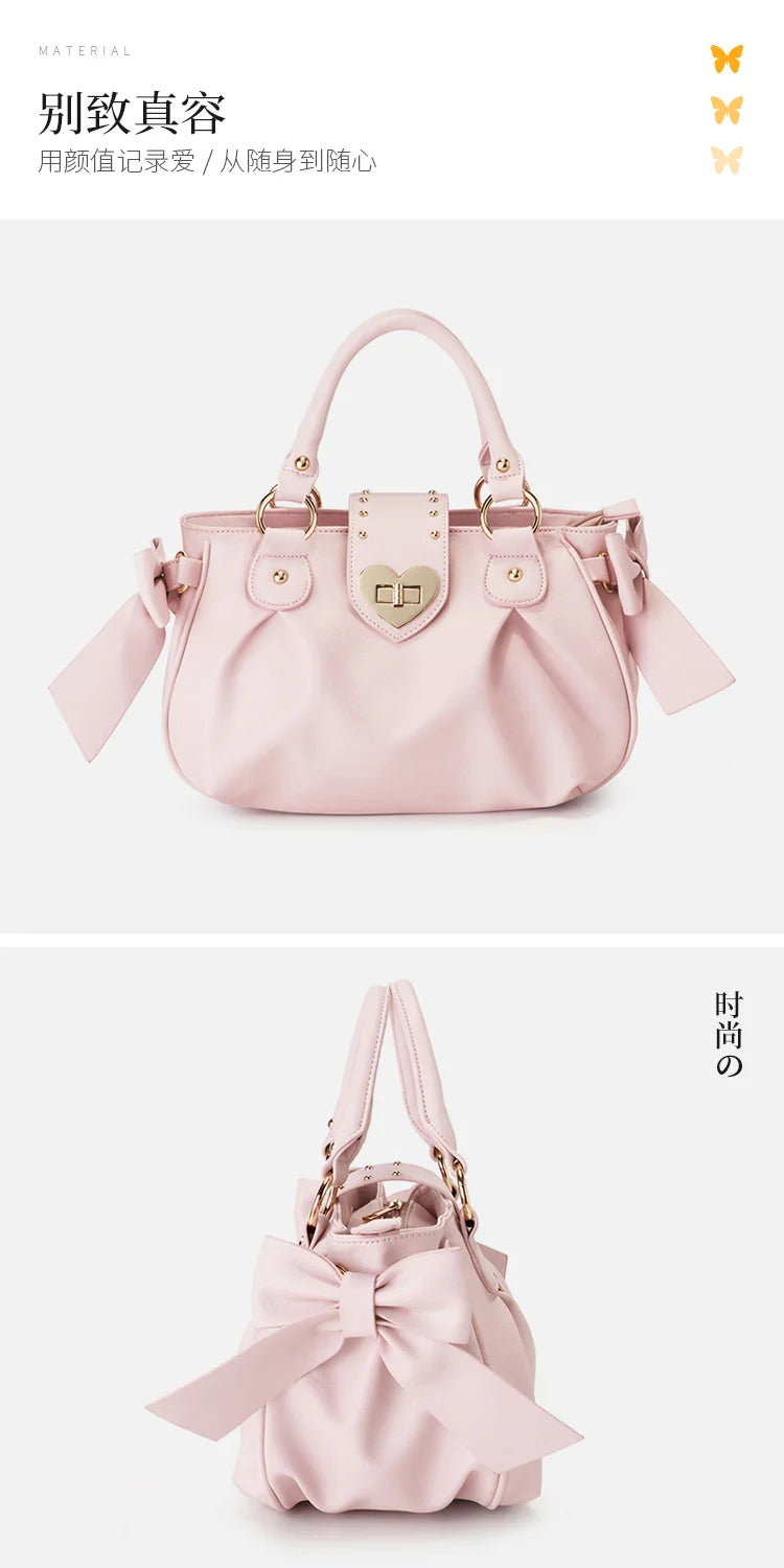 Bolsa de mão rosa com laço doce Lolita, bolsa feminina Harajuku Love Heart, bolsa transversal macia, bolsa de ombro feminina Kawaii de grande capacidade