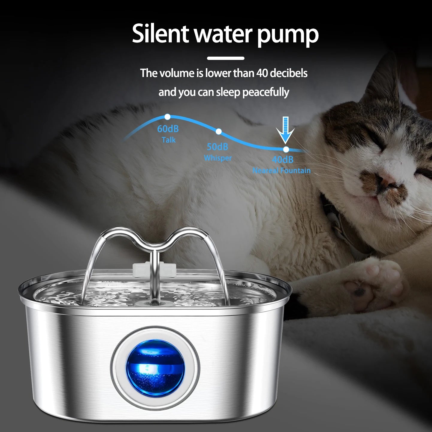 Bebedouro automático para gatos e cães, 108 oz/3,2 l, em aço inoxidável, com luz LED e bomba silenciosa