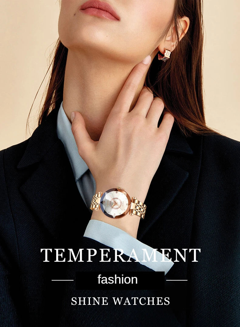 SENO Ocean Star Women Crystal Watch 2025 Top Brand Luxury Rose Gold Women Bracelet Watch For Ladies Wrist Watch Relogio Feminino