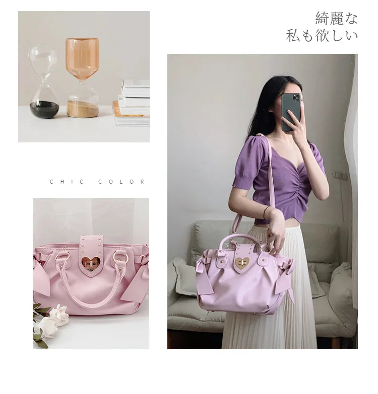 Bolsa de mão rosa com laço doce Lolita, bolsa feminina Harajuku Love Heart, bolsa transversal macia, bolsa de ombro feminina Kawaii de grande capacidade