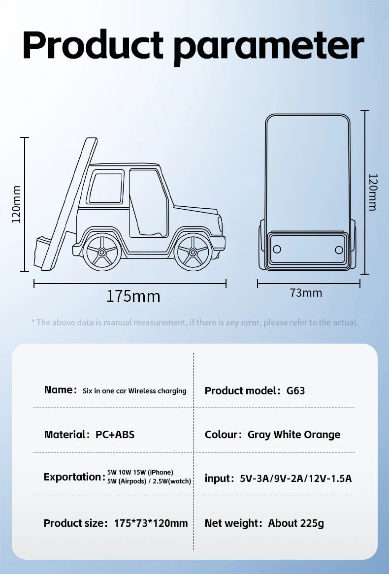 Suporte para carregador sem fio 6 em 1 para carro, formato inovador de carro, carregador de mesa de carregamento rápido de 15 W, ótima ideia para presente