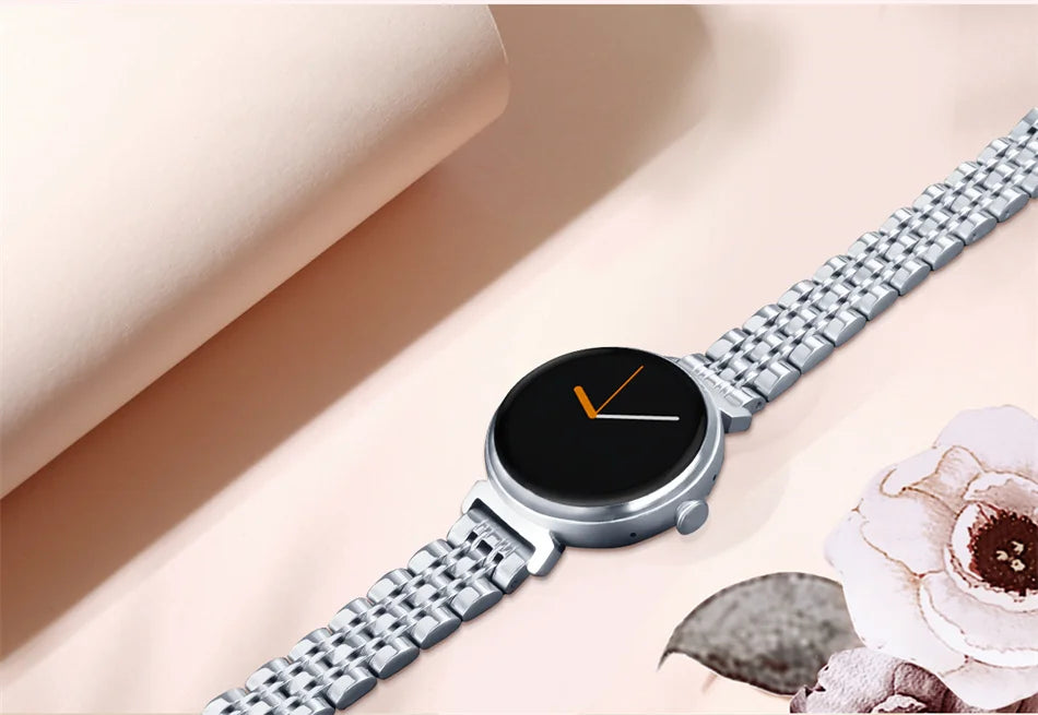 Relógio inteligente feminino moderno com tela AMOLED de 1,04 polegadas, tela sempre exibida, chamada Bluetooth, corpo de metal, tela pequena
