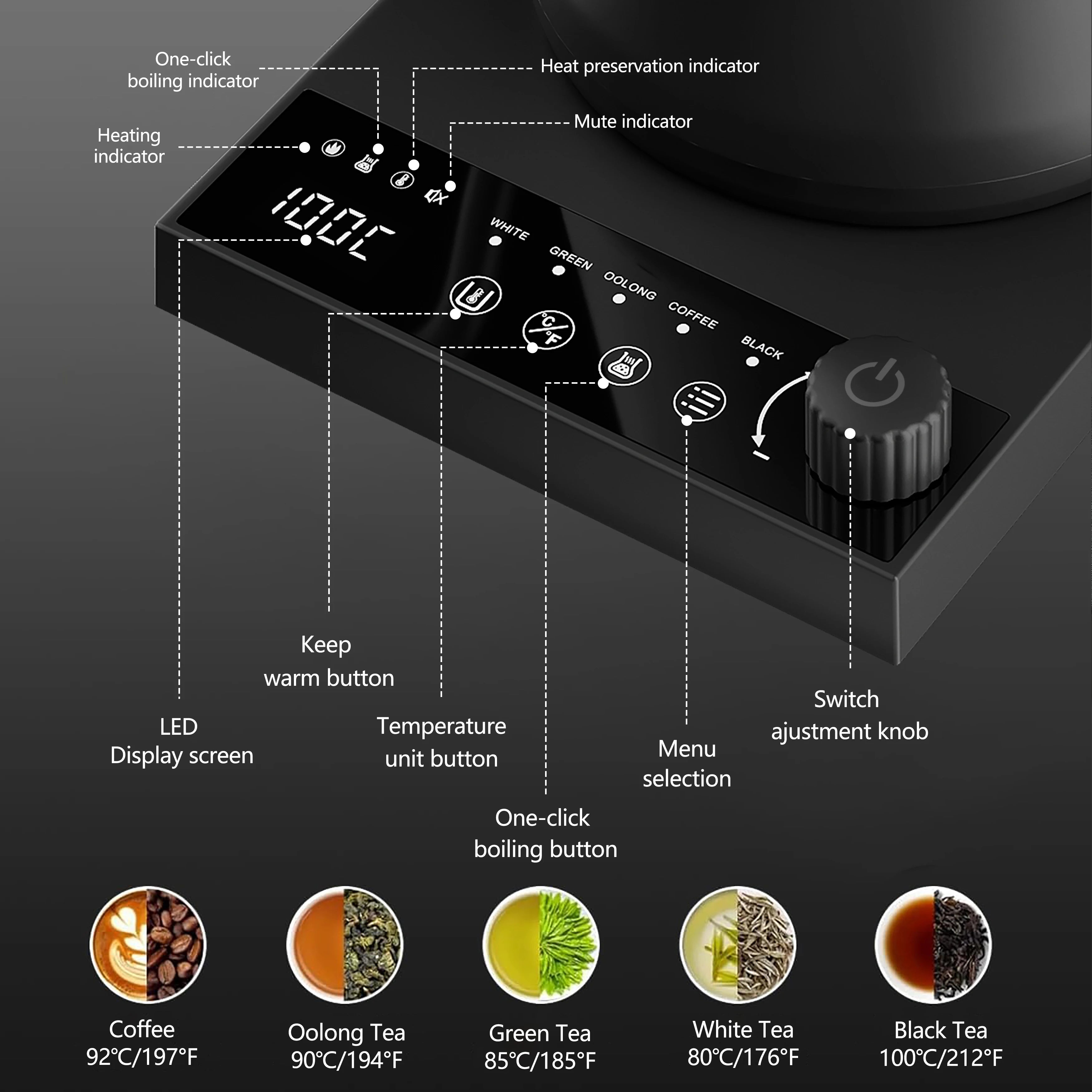 600ml Gooseneck Electric Kettle Hand Brew Coffee Pot Temperature Control Smart Tea Pot Rapid Heating Kettle 220V