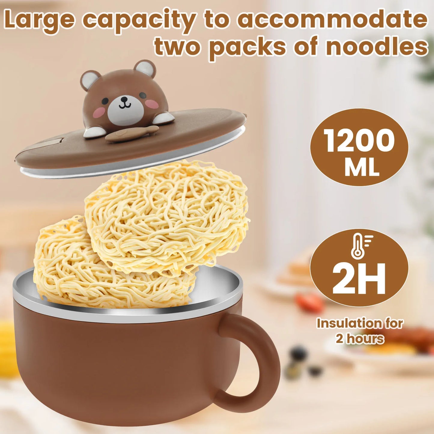 Tigela de Ramen de 1200 ml com tampa, tigela selada para cozinhar Ramen com alça e garfo, tigela de macarrão isolada, tigela prática para servir instantaneamente