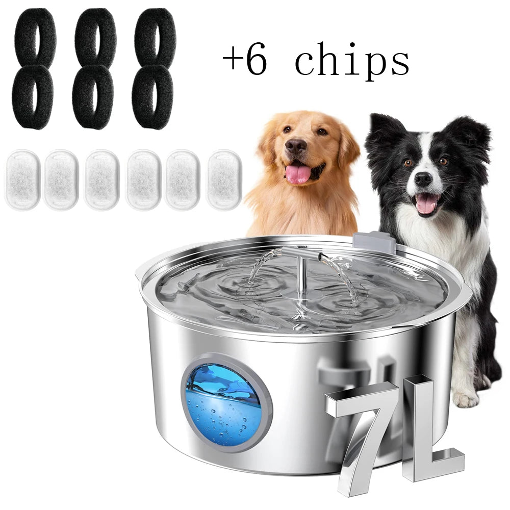 Bebedouro de aço inoxidável de grande capacidade para gatos, cães e animais de estimação, 7L, com janela de nível de água, bomba d'água silenciosa, dispensador com tigela de água USB