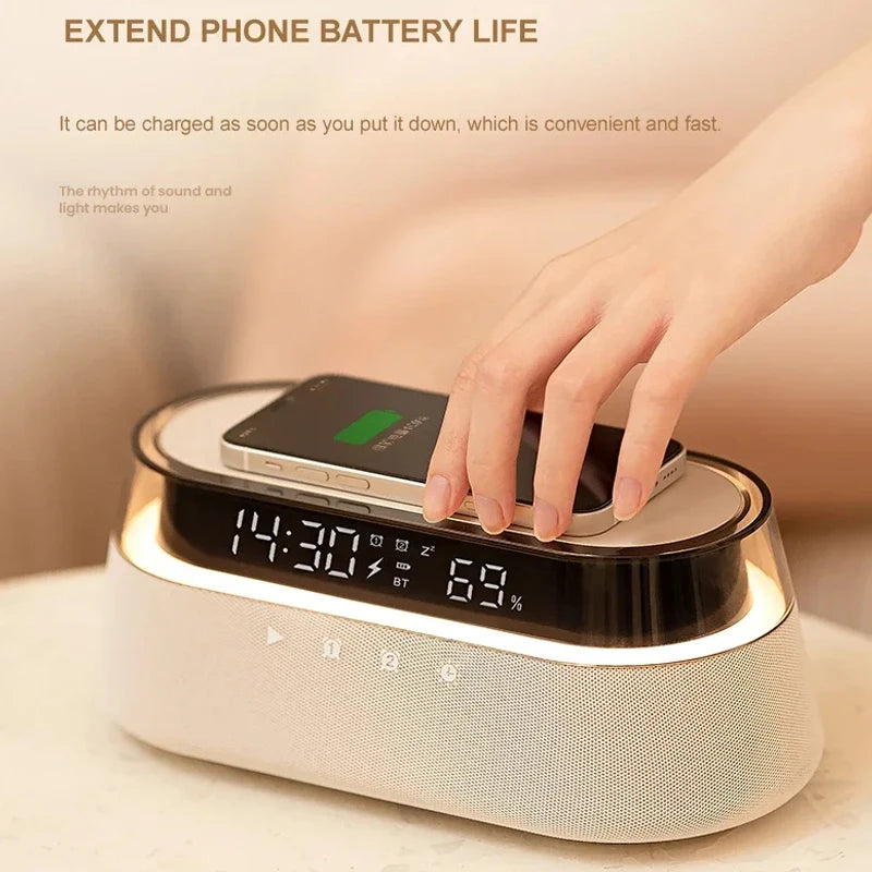 Despertador inteligente 6 em 1 - Carregador sem fio de 15 W, alto-falante Bluetooth, rádio FM, alarme duplo, carregador USB e luz noturna RGB