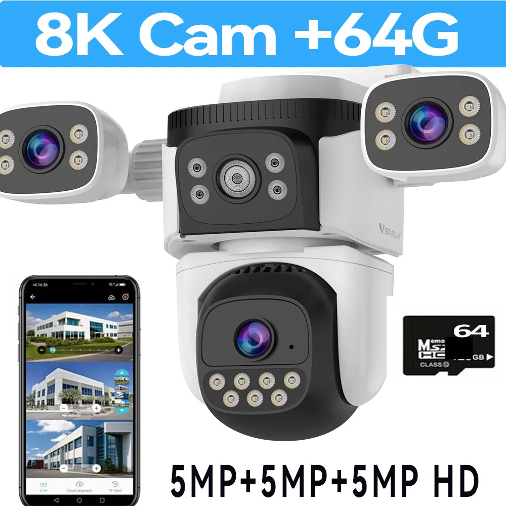Câmera de segurança externa 10K WiFi6 com três telas, 20MP CCTV, câmera IP externa com zoom de 10X, 8K e 15MP, câmera de vigilância por vídeo