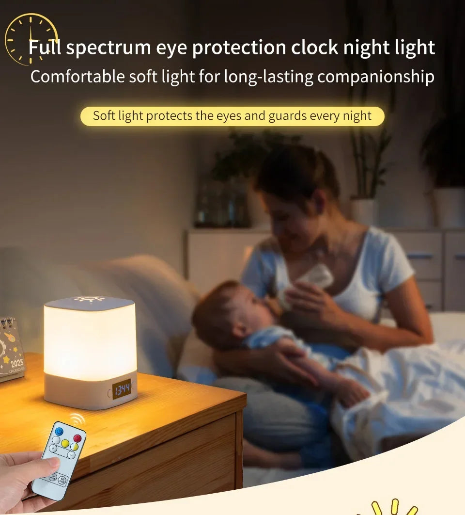 Lâmpada noturna LED com controle remoto e display de hora ou sem proteção para os olhos, lâmpada de leitura, luz noturna de cabeceira recarregável