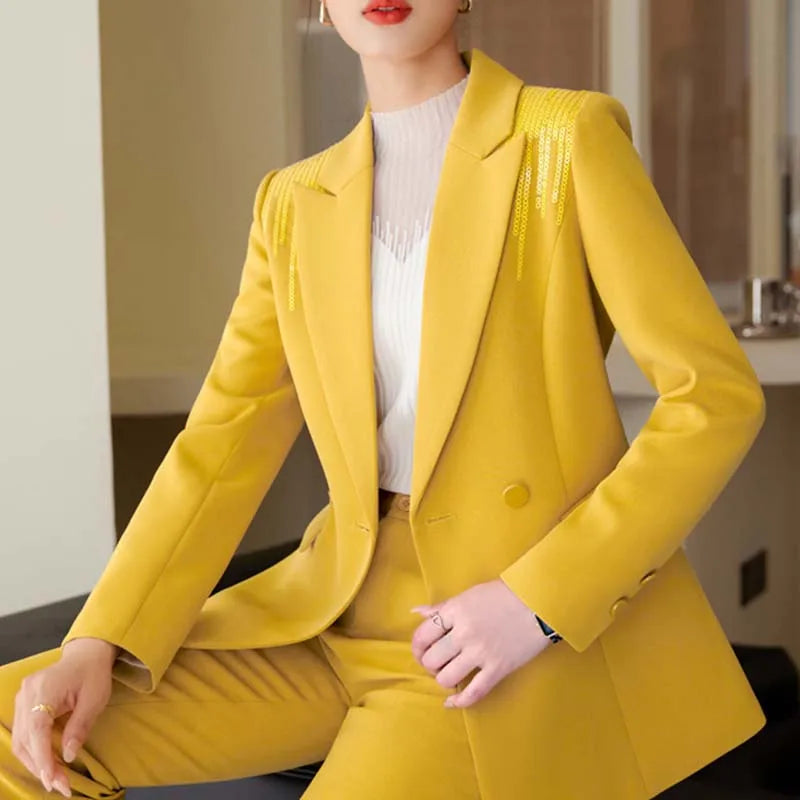 Yitimuceng Conjunto de 2 peças feminino para escritório, nova moda 2025, blazers de manga comprida com lantejoulas, calças flare de cintura alta chiques