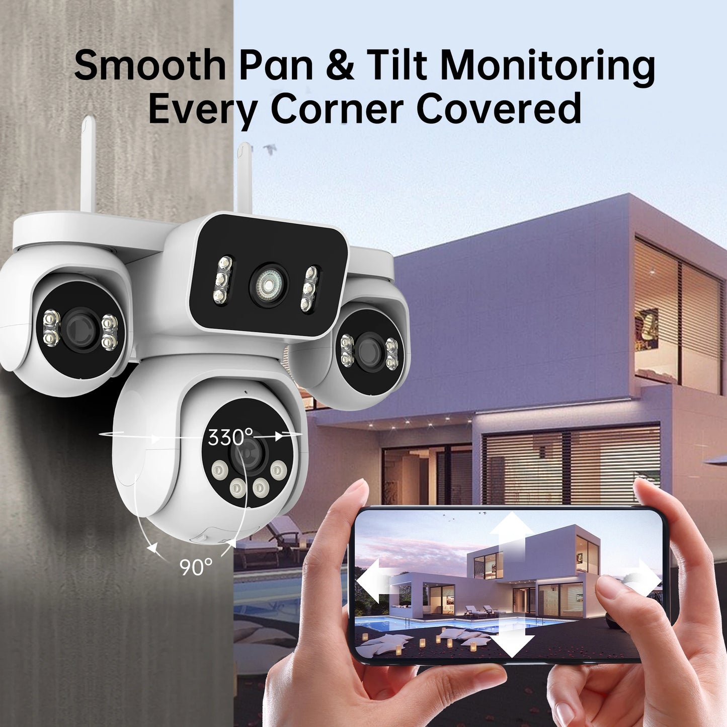 Câmera de segurança WiFi 10K 20MP, 4 lentes, 4 telas, 360° PTZ, zoom 16X, à prova d'água, vigilância residencial, CFTV, câmera de vídeo para áreas externas