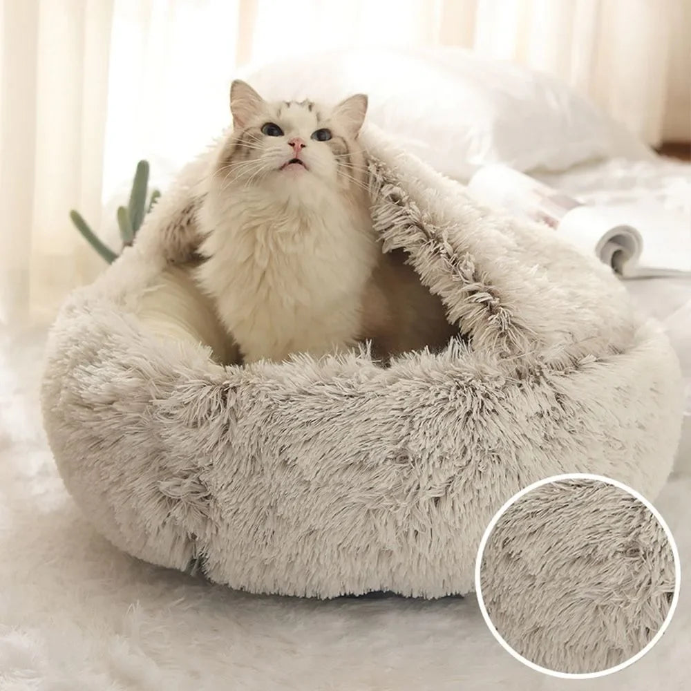 Cama de pelúcia longa e macia para animais de estimação, fechada, redonda, almofada para gatos, confortável, saco de dormir, ninho para gatos, canil para pequenos animais de estimação