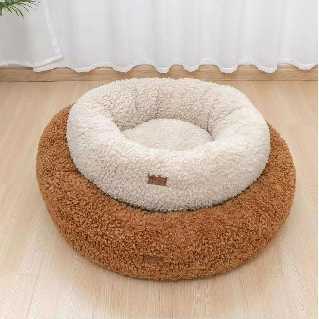 Fabricante atacadista de pelúcia macia de lã de luxo para animais de estimação, almofada redonda, donut, cama calmante para cães e gatos, canil