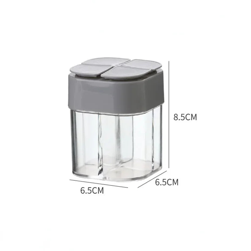 Pote de tempero para acampamento 4 em 1 com tampa, dispensador transparente de especiarias, saleiro e pimenteiro para cozinhar ao ar livre com 4 compartimentos