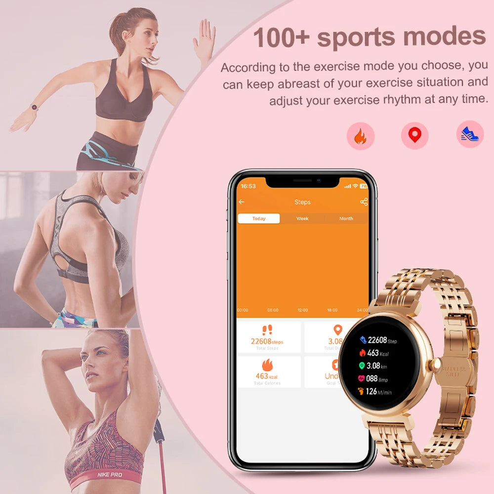 Relógio inteligente feminino moderno com tela AMOLED de 1,04 polegadas, tela sempre exibida, chamada Bluetooth, corpo de metal, tela pequena