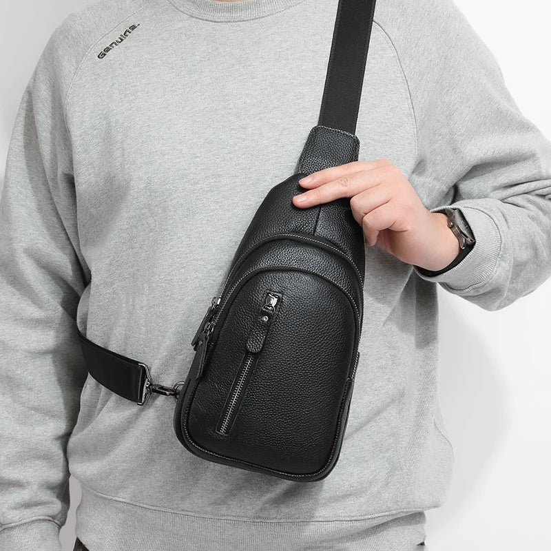 Bolsa de peito masculina 100% couro legítimo, bolsa de ombro masculina, bolsa mensageiro, bolsa transversal casual, bolsa de mão da moda masculina