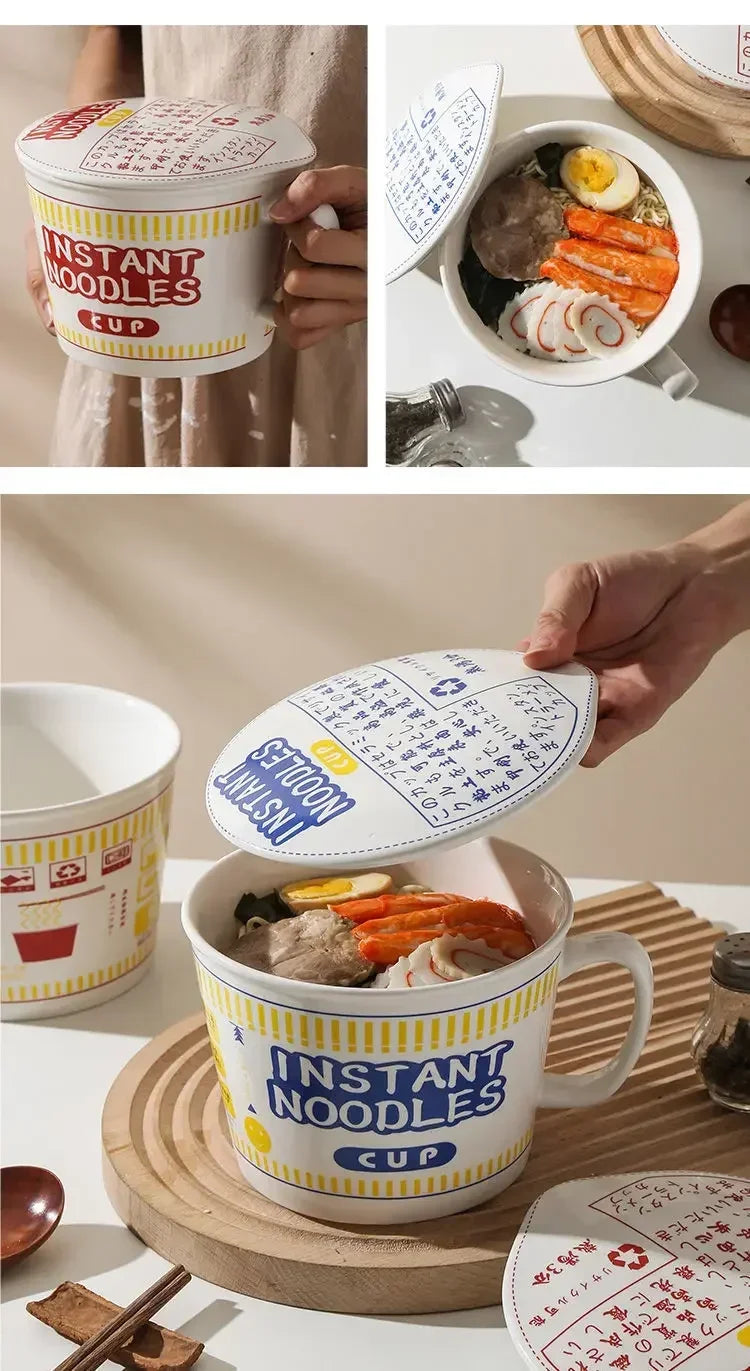 1 tigela de cerâmica de grande capacidade para macarrão instantâneo com tampa, perfeita para dormitórios e cozinhas domésticas - mantenha seu macarrão fresco e aquecido
