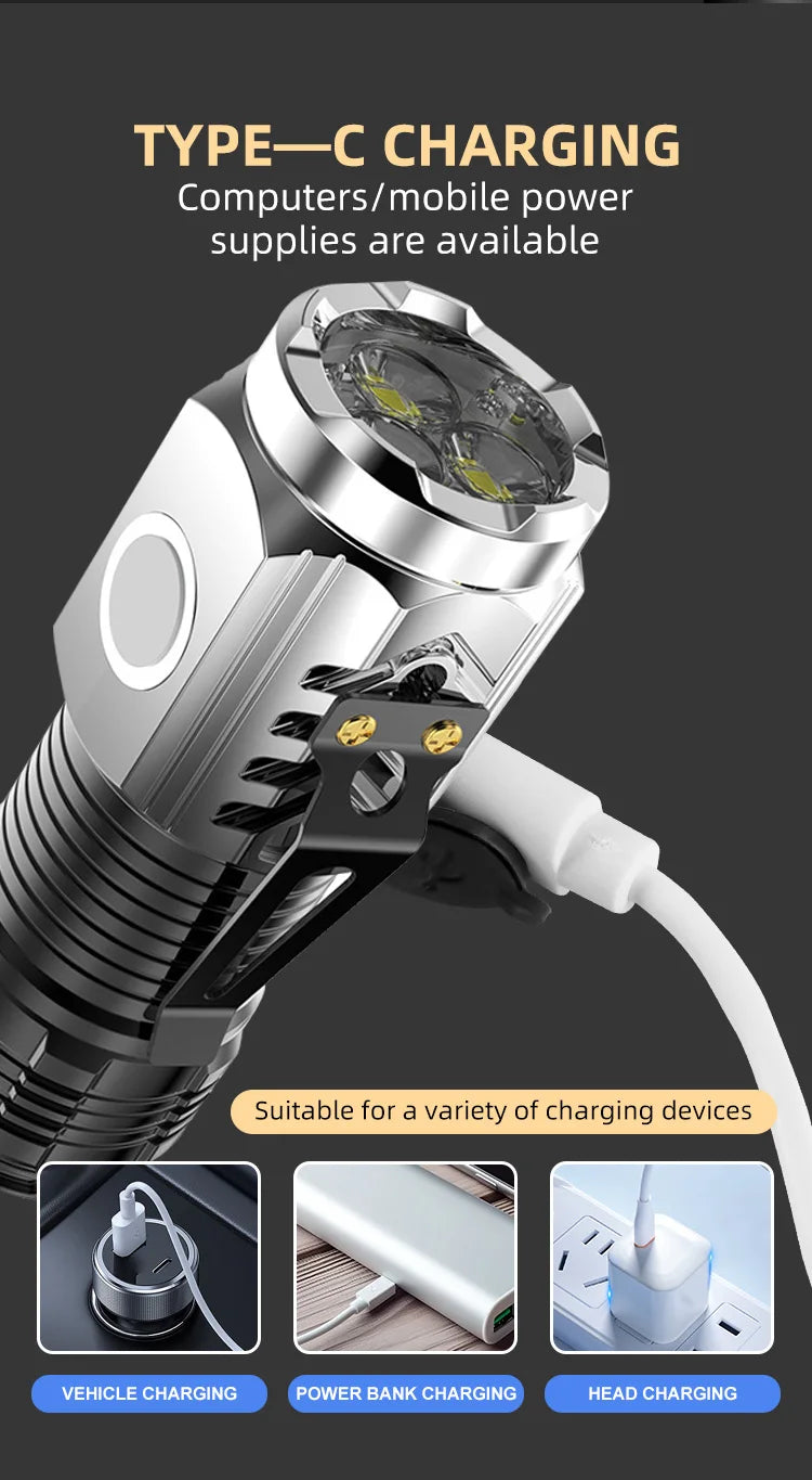 Lanterna Mini Flash Superpoderosa Monstro de Três Olhos, Recarregável, Portátil, Iluminação Externa, Longo Alcance, Poderosa Lanterna