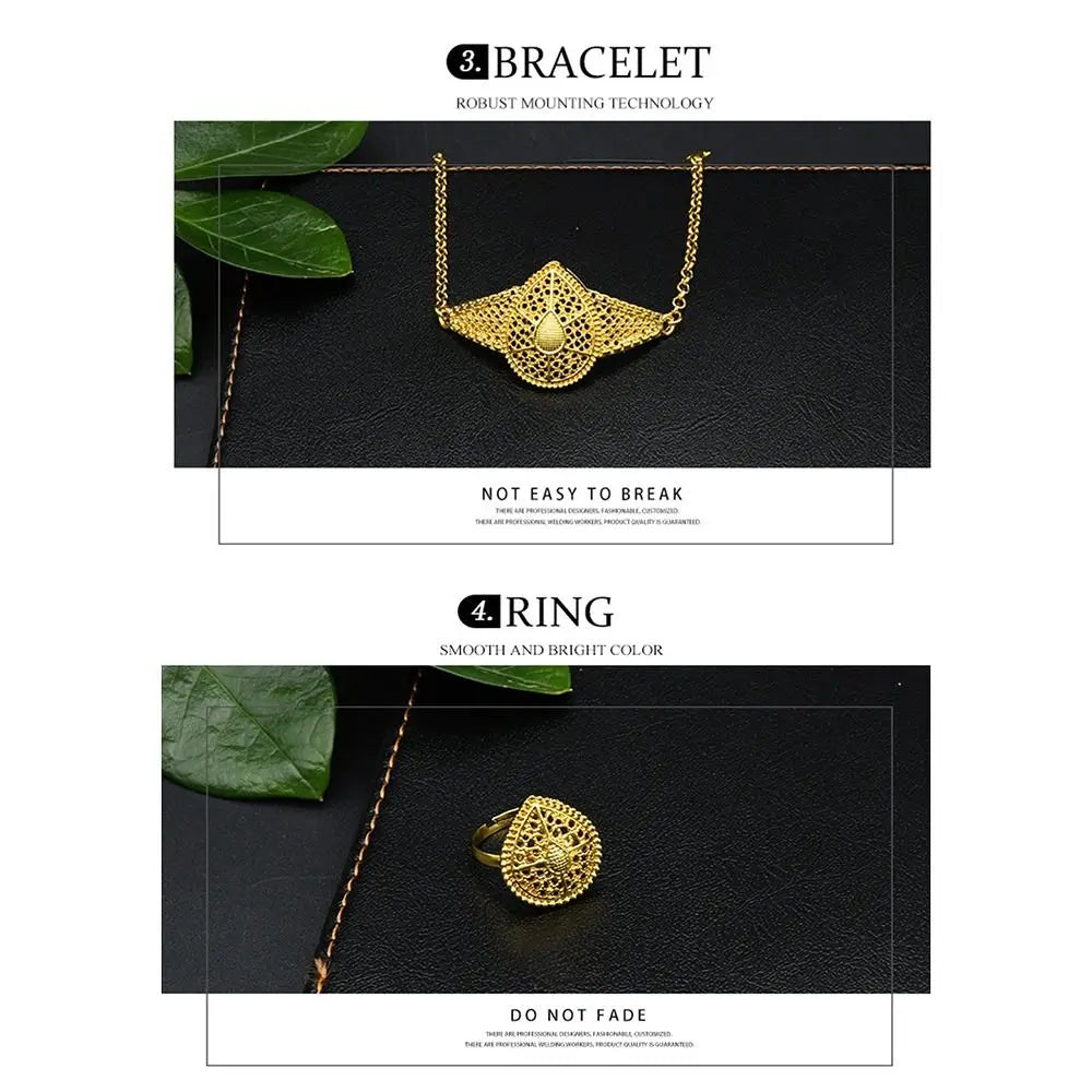Conjunto de 4 joias indianas banhadas a ouro para noivas, colar/brincos/pulseira/anel, joias luxuosas banhadas a ouro de alta qualidade e duráveis