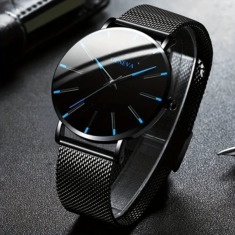 Relógio de quartzo masculino de 2 peças - redondo com função de data, pulseira de aço inoxidável