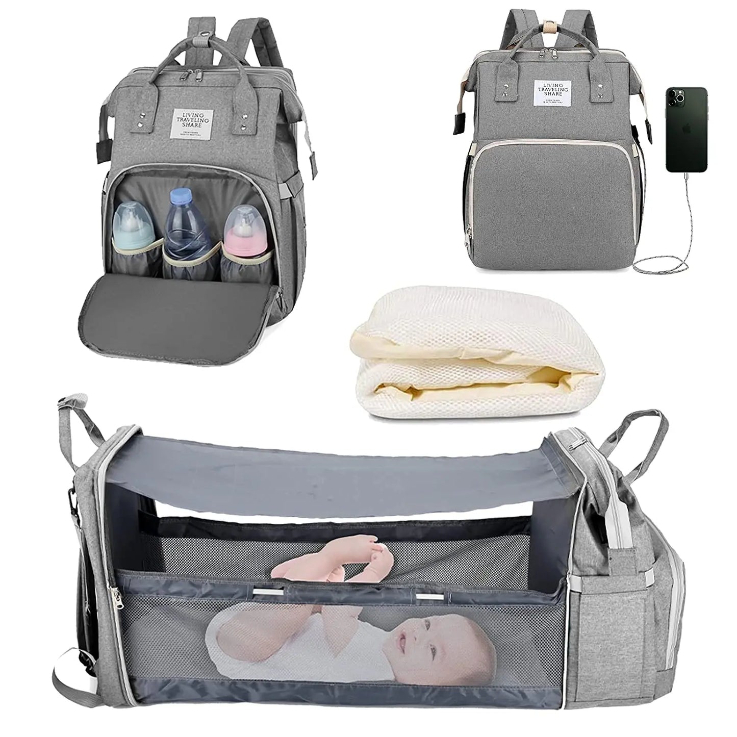 Mochila para fraldas 3 em 1, dobrável, para berço de bebê, à prova d'água, com carregador USB, mochila para fraldas e trocador, 3 tipos