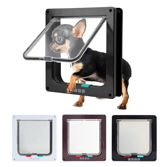 Portão pequeno de plástico ABS para animais de estimação com trava de segurança de 4 vias, porta fina transparente para gatos, porta deslizante para animais de estimação e aba para gatos à prova de intempéries