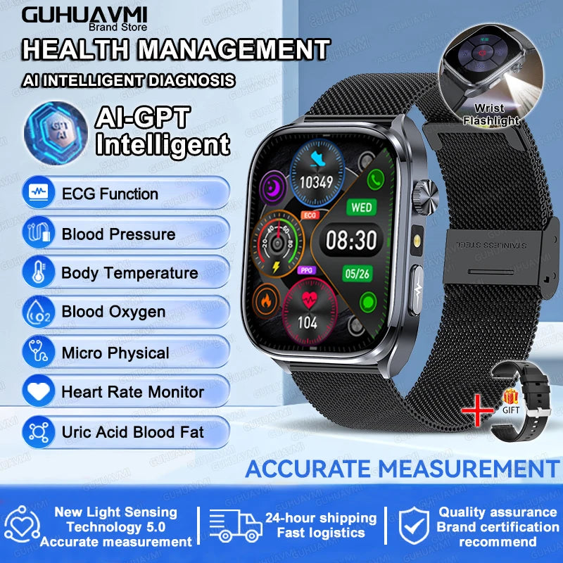 Novo relógio inteligente masculino 2025, pressão arterial, saúde, oxigênio no sangue, ácido úrico, lipídios, rastreador de fitness, relógios Bluetooth, chamada, ECG, smartwatch