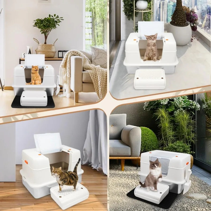 Caixa de areia extra grande de aço inoxidável com tampa para gatos grandes e gatinhos, design de entrada lateral com compartimento lateral alto removível