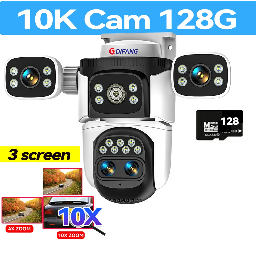 Câmera externa 10K com zoom óptico de 10X WiFi6, tela de 20MP rThree, quatro lentes PTZ, rastreamento automático, lente dupla 6K, à prova d'água, CFTV de segurança
