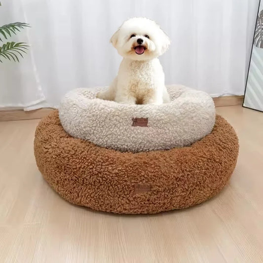 Fabricante atacadista de pelúcia macia de lã de luxo para animais de estimação, almofada redonda, donut, cama calmante para cães e gatos, canil